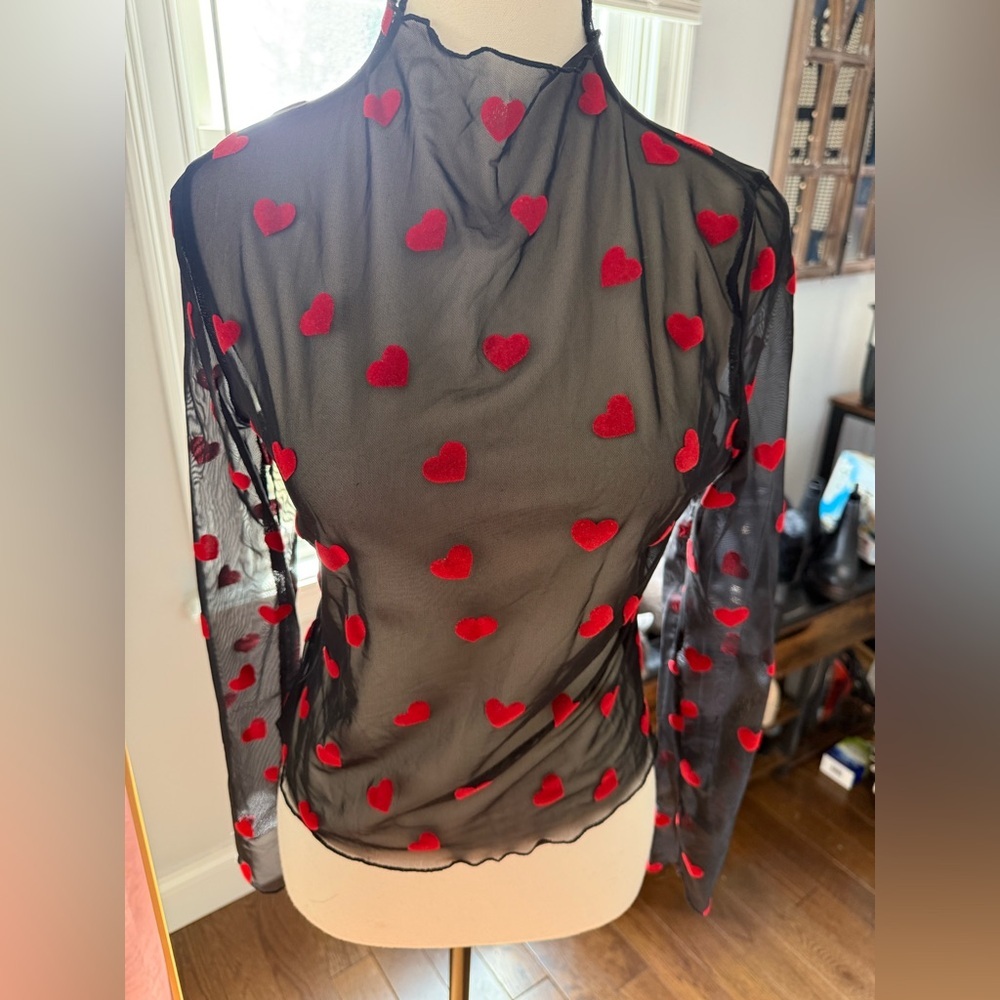 Sheer Black Long-Sleeve Top with Red Heart Embroidery